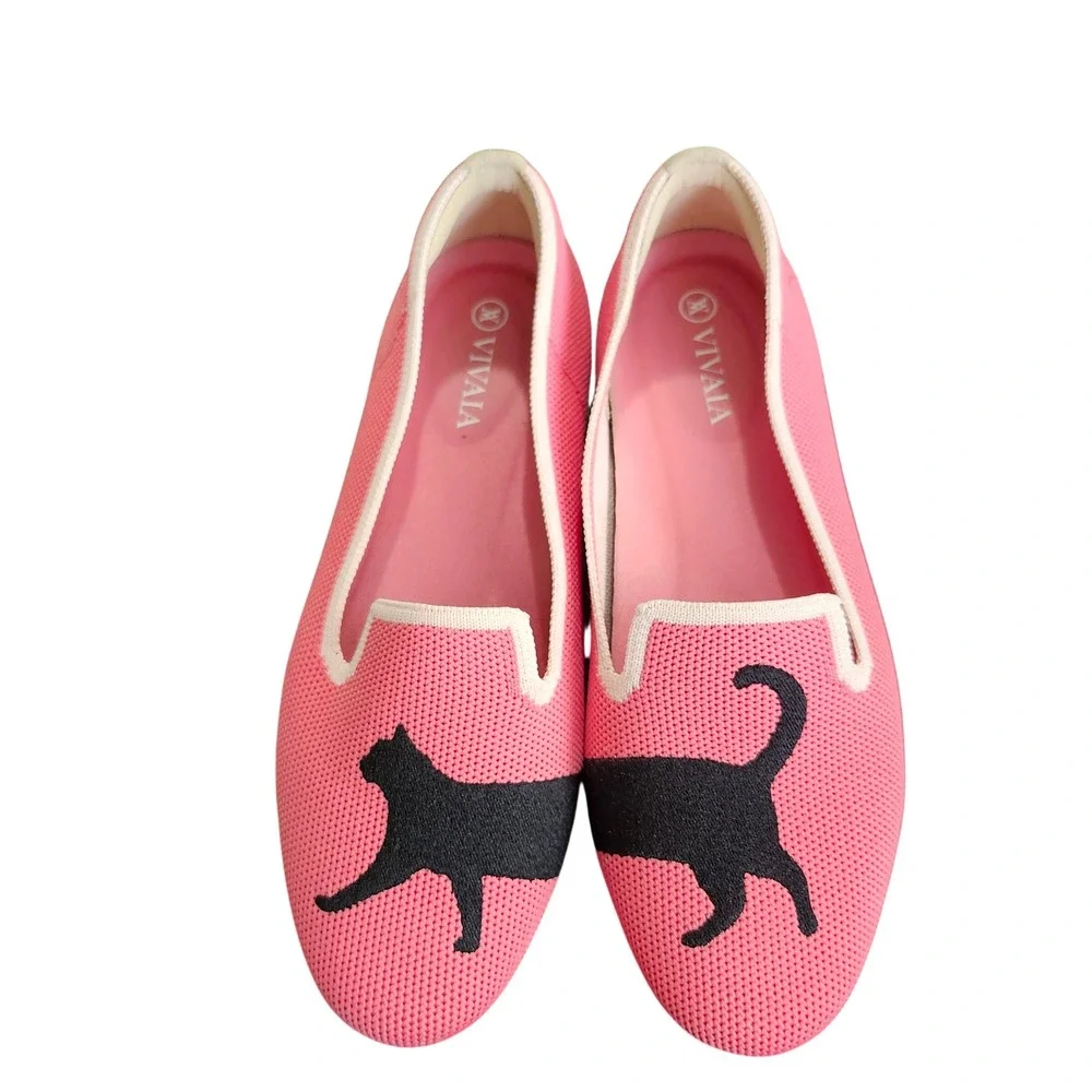 VIVAIA Cat Knit Loafers Pink Black Slip On Flats EU 35 Women's Washable Shoes